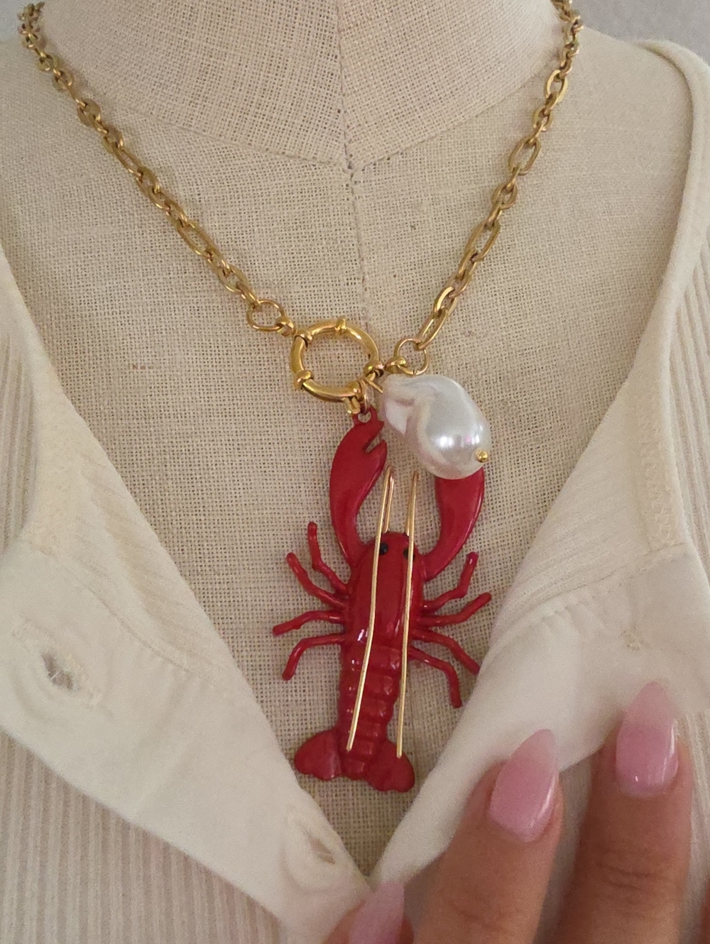 Gold Chain Necklace with Red Lobster Pendant and Pearl Accent by